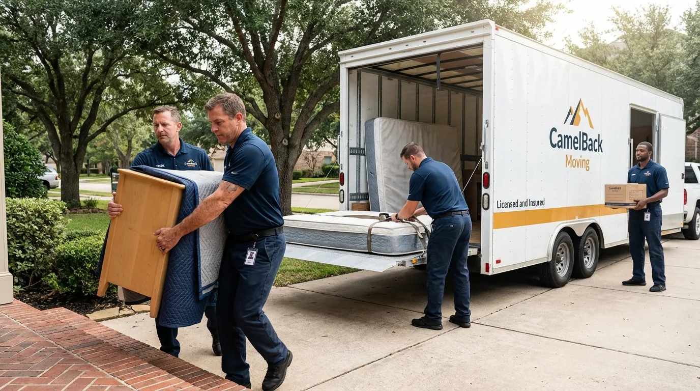 Crew loading residential truck for cross-state move from Manvel, TX